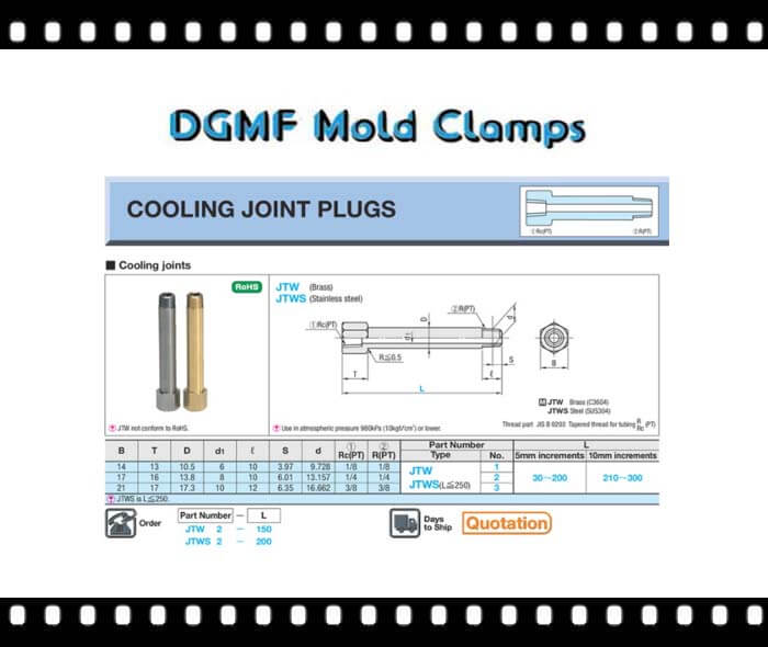 JTWS JTW1 2 3 Cooling Joint Plugs Specifications - DGMF Mold Clamps Co,. Ltd